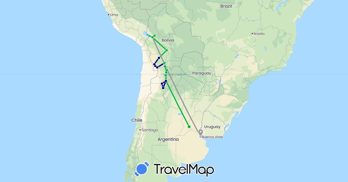 TravelMap itinerary: driving, bus, plane, boat in Argentina, Bolivia (South America)